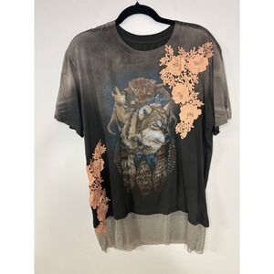 Affliction 2XL Wolf Graphic T Shirt Gray Lace Layered Bottom